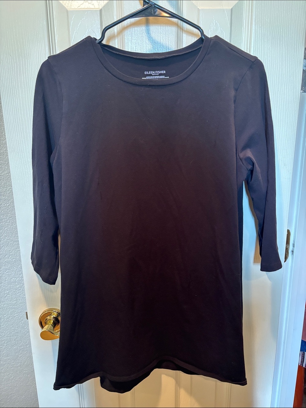 Eileen Fisher Petite Crew Neck 3/4 Sleeve Top Black Jersey Knit Tunic PL